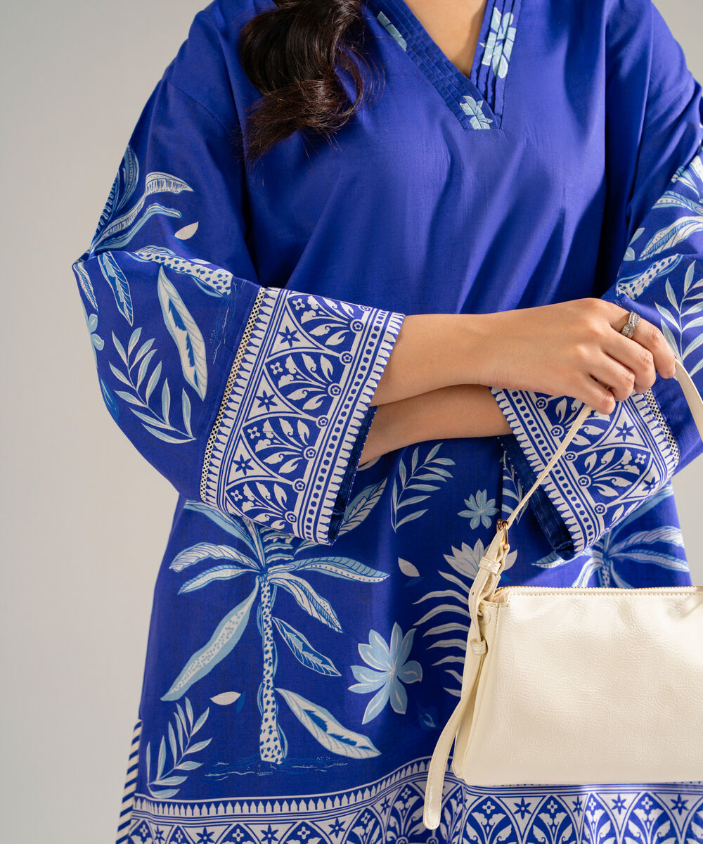Women's RTW Slub Lawn Printed Blue Drop Shoulder Shirt