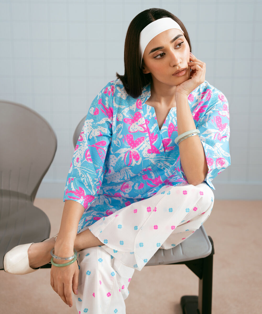 Women's RTW Dobby Printed Neon Blue 2 Piece Suit