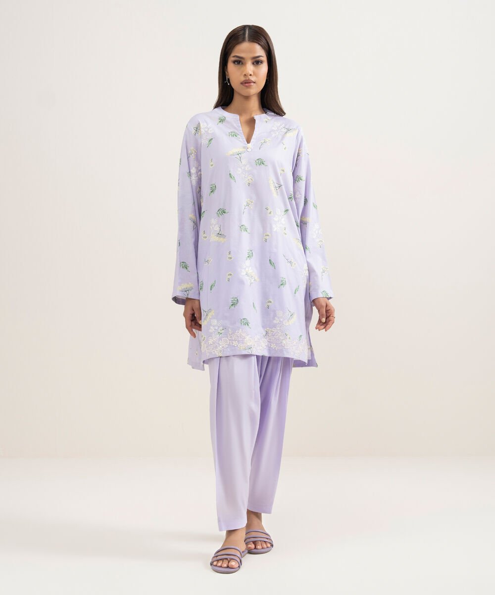 Women's RTW Cotton Viscose Embroidered Purple Straight Shirt