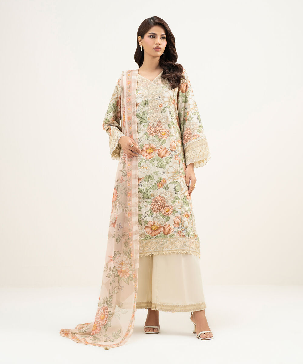 Women's RTW Lawn Embroidered Beige 3 Piece Suit