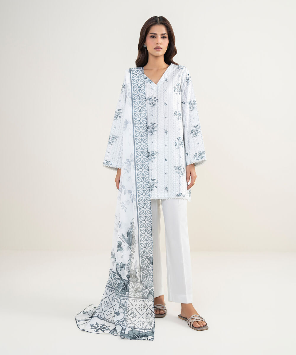 Women's RTW Cambric Printed White 3 Piece Suit