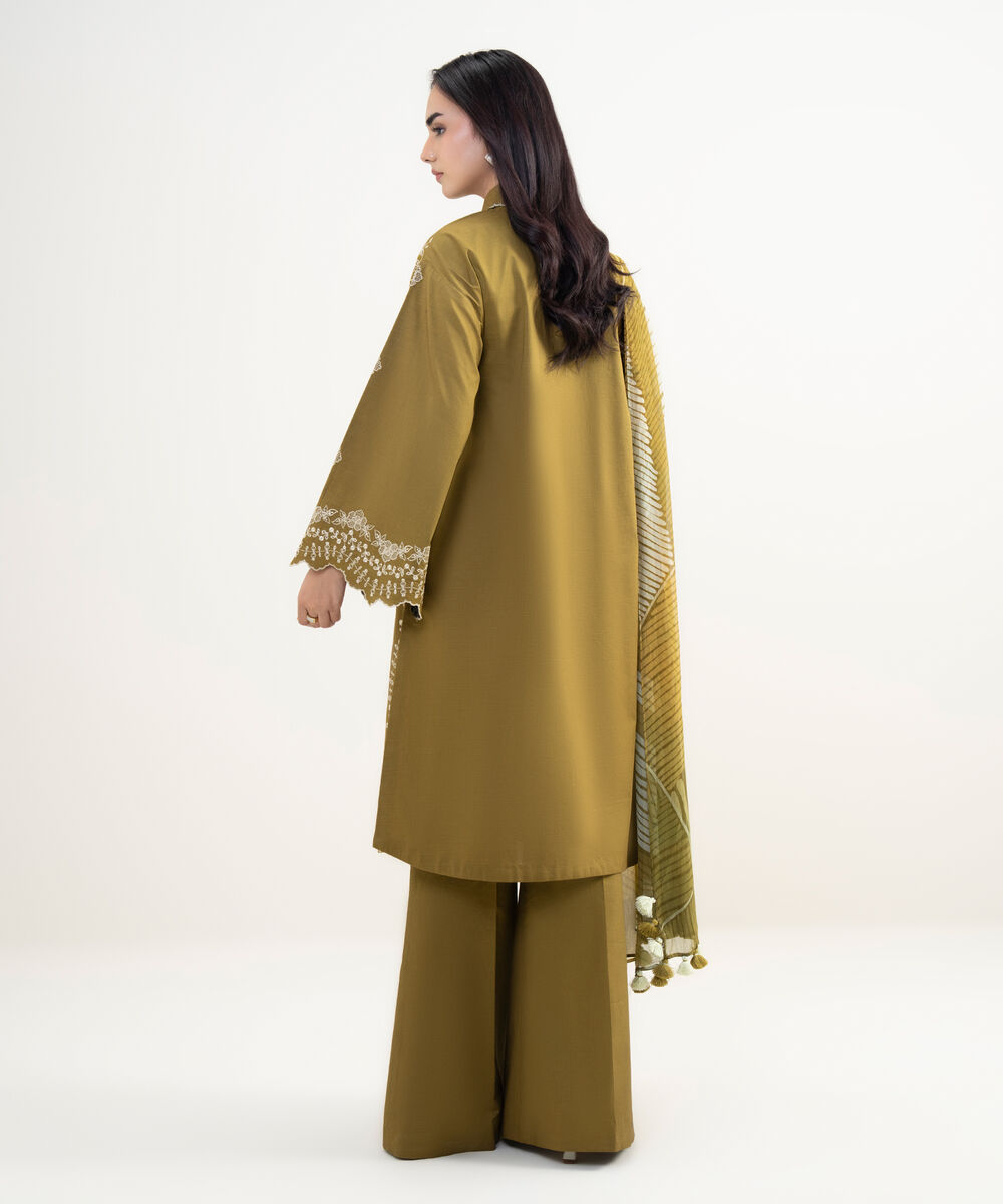 Women's Unstitched Textured Lawn Embroidered Brown 3 Piece Suit