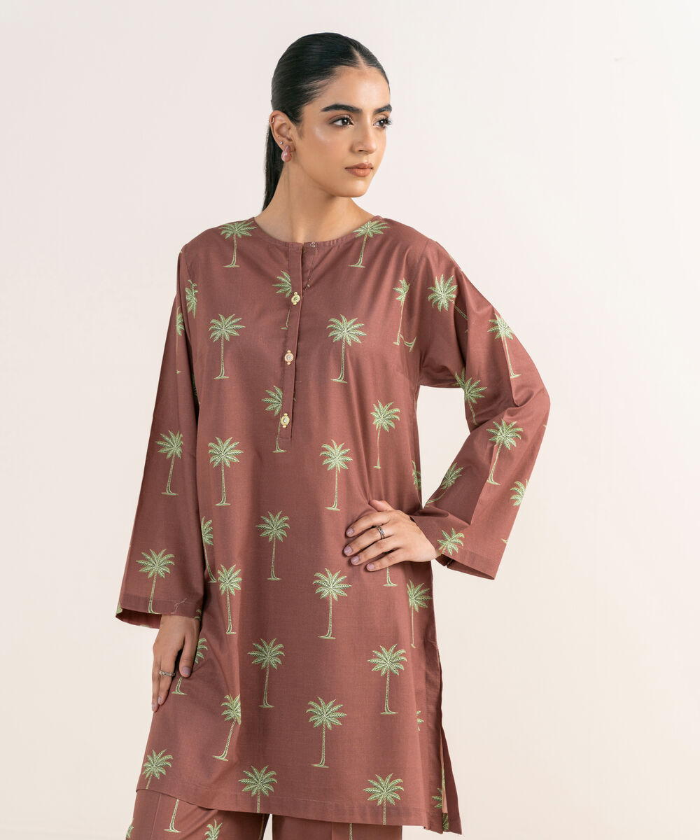 Women's RTW Textured Lawn Brown Printed A-Line Shirt