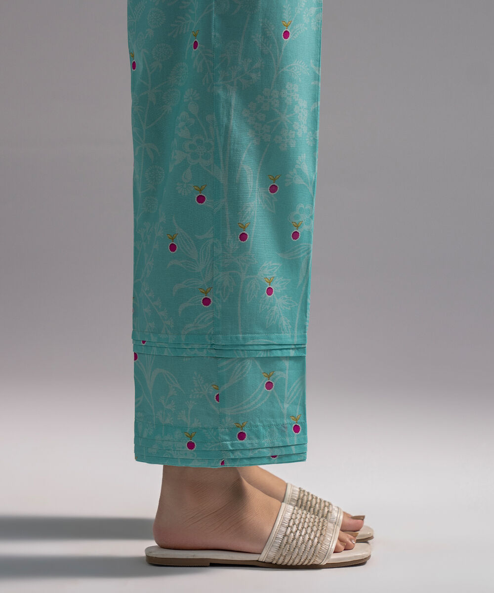 Women's RTW Cambric Printed Turquoise Straight Pants