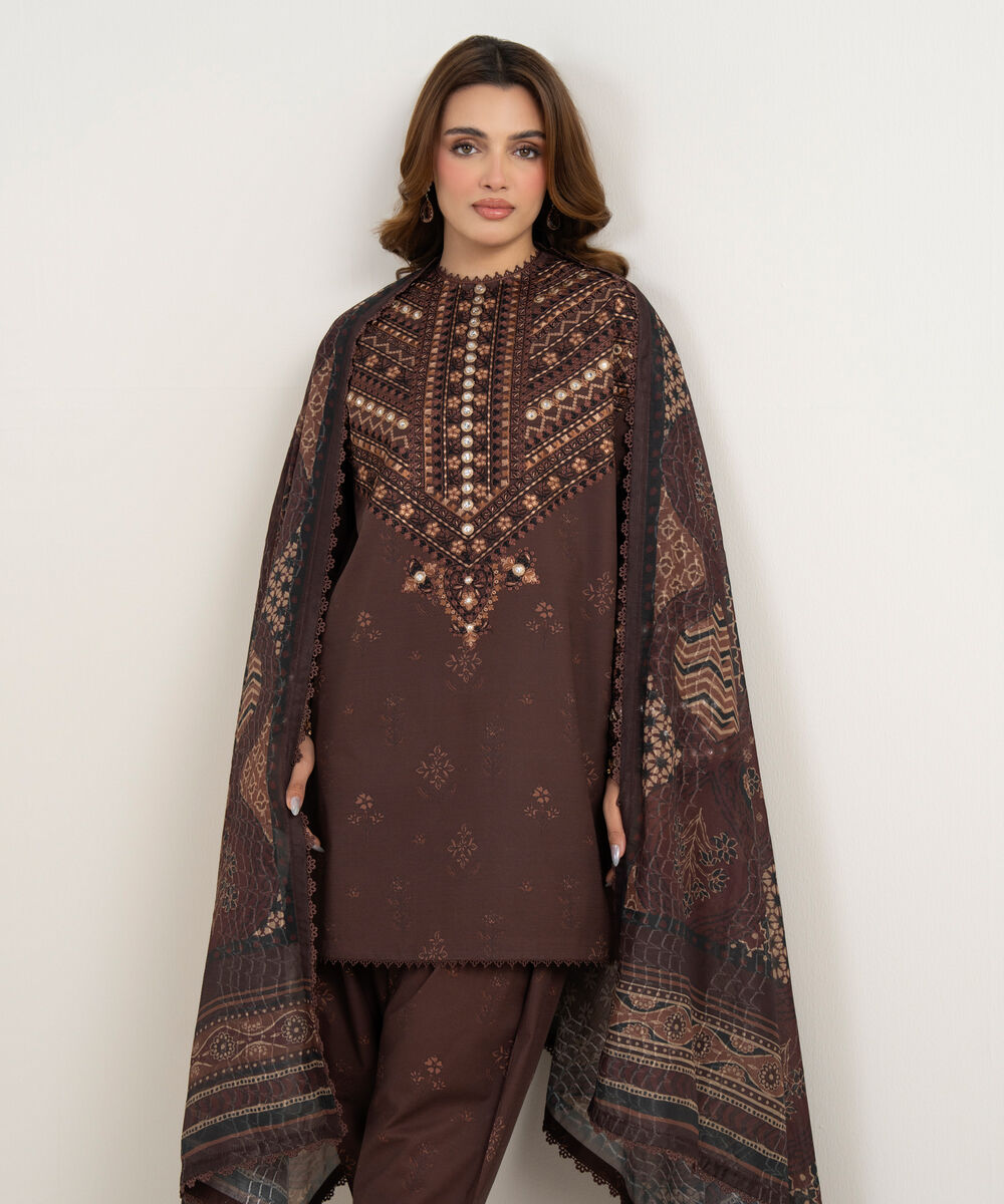 Women's Unstitched Lawn Embroidered Brown 3 Piece Suit