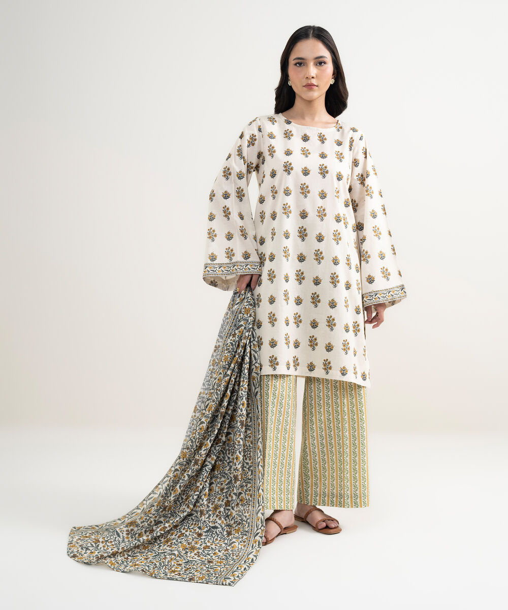 Women's RTW Lawn Printed Cream White Straight Shirt