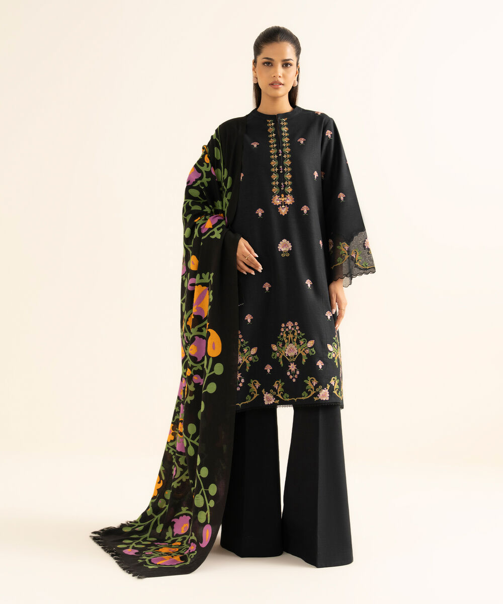Women's Unstitched Khaddar Embroidered Black 3 Piece Suit