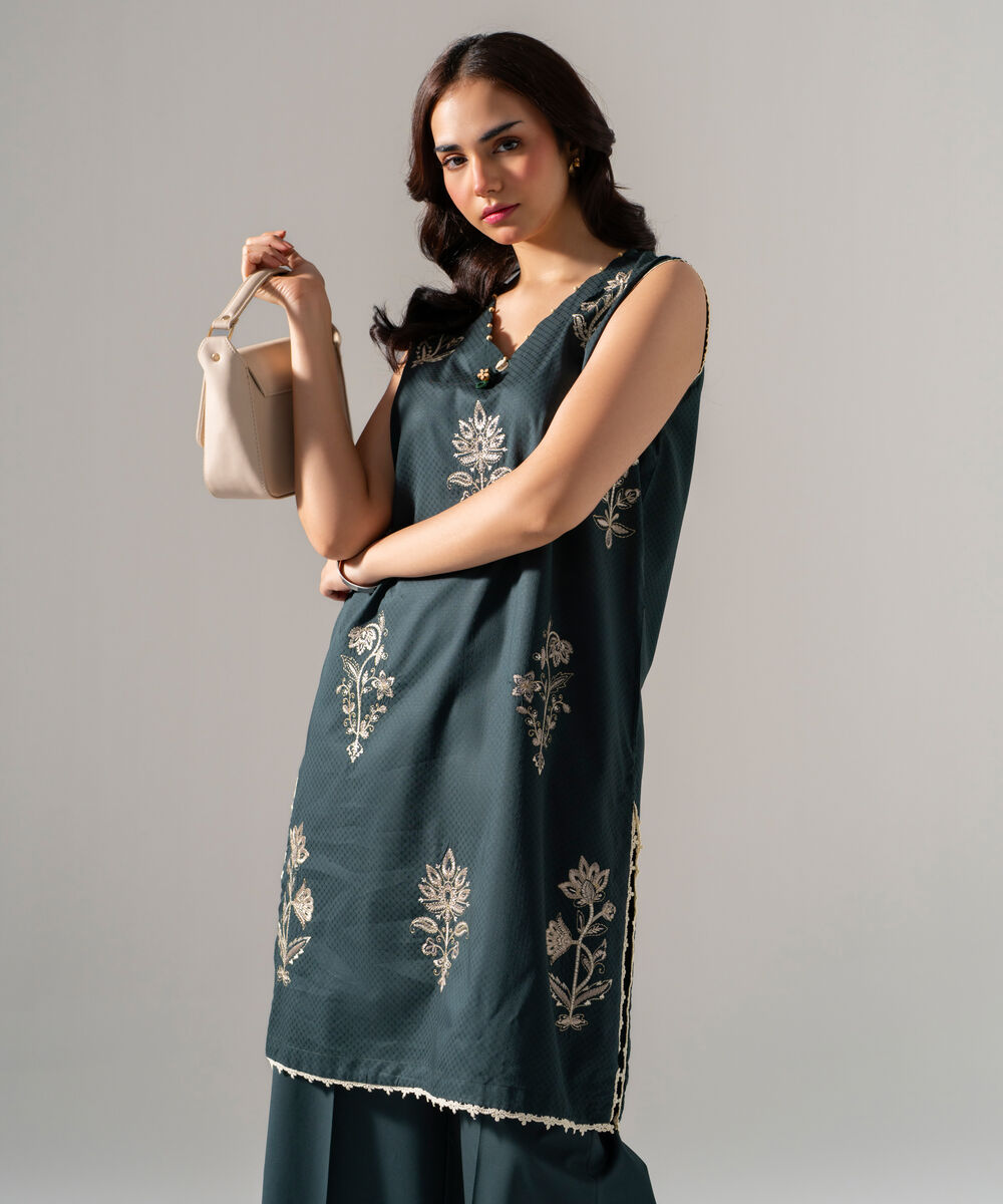 Women's RTW Dobby Solid Embroidered Dark Green Straight Shirt