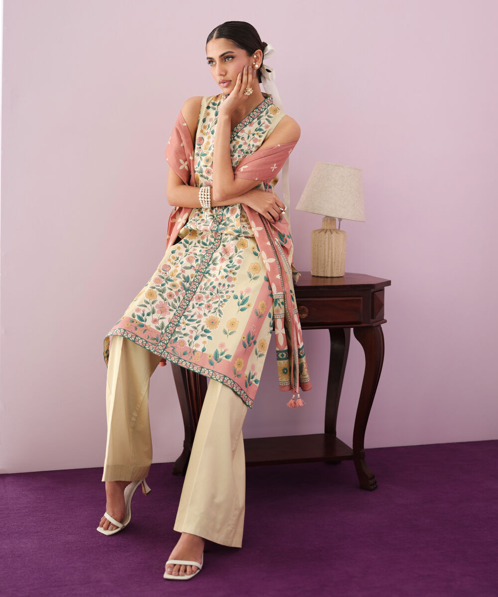 Women's Unstitched Cotton Printed Multi Three Piece Suit