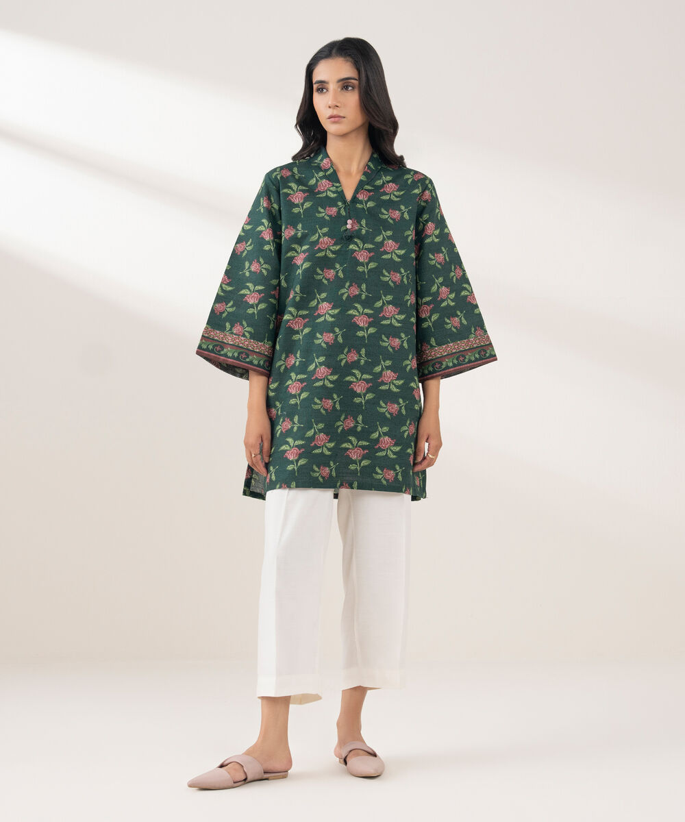 Women's RTW Khaddar Printed Straight Green Shirt