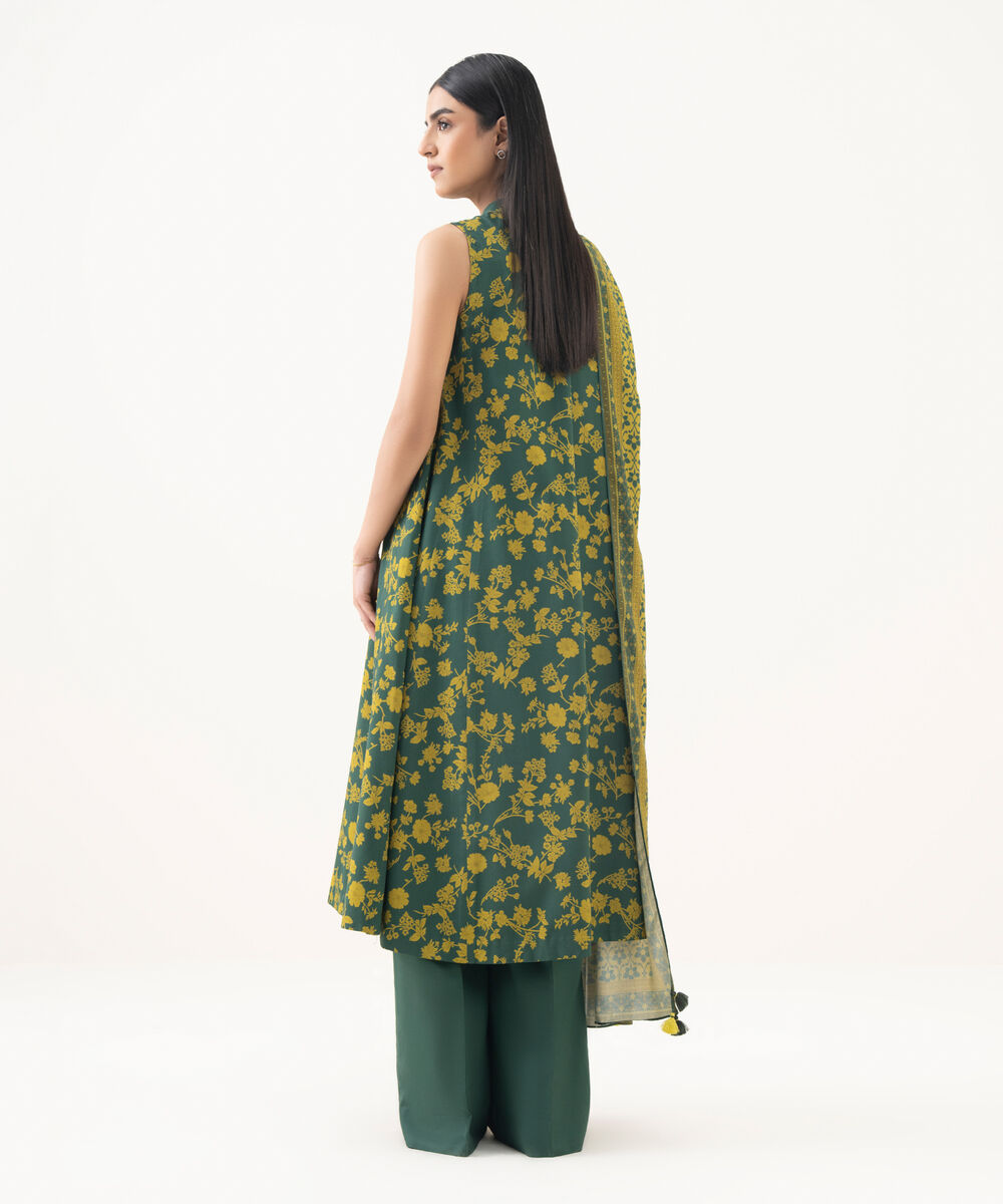 Women's Unstitched Linen Embroidered Green 3 Piece Suit