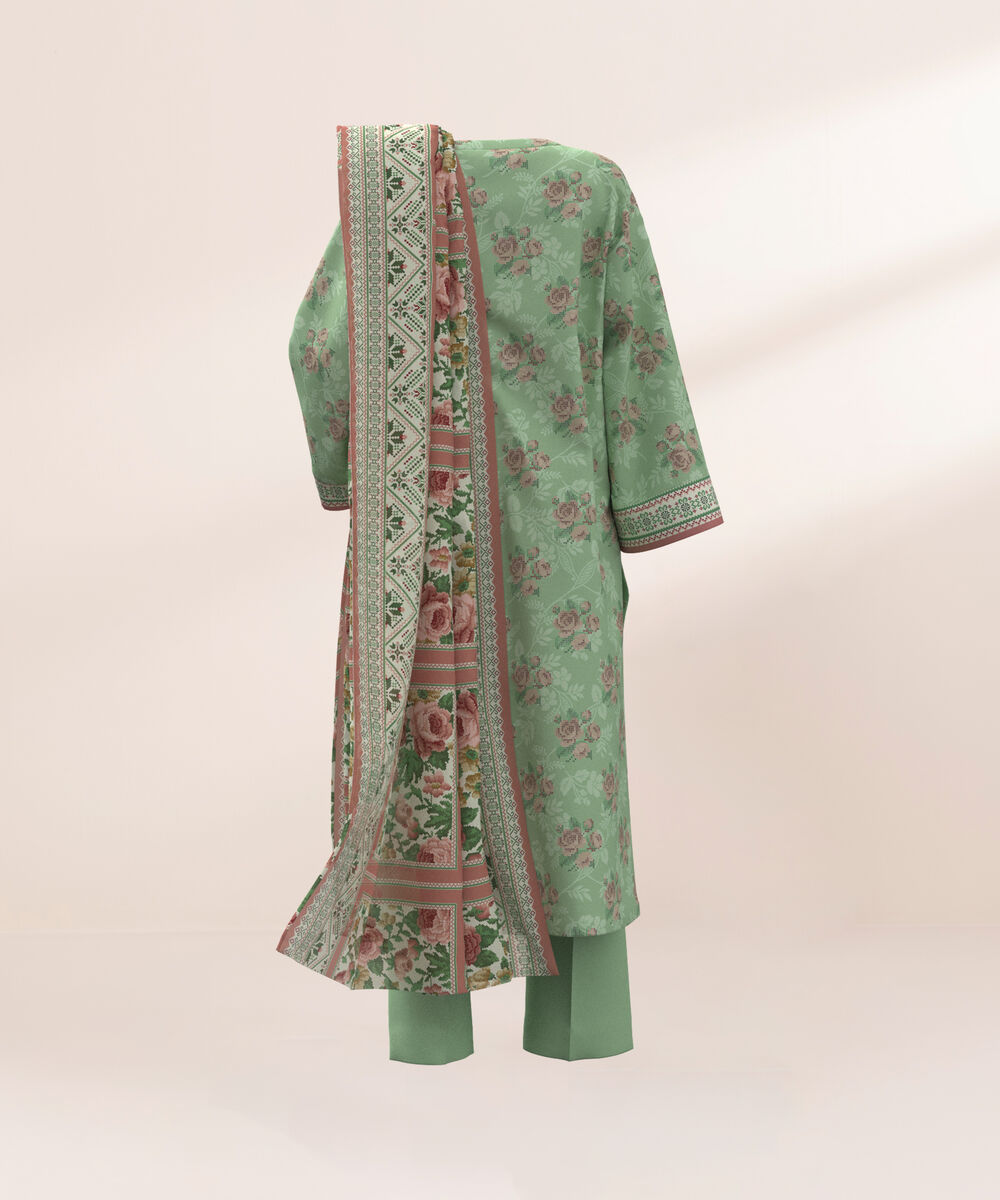 Women's Three Piece Printed Green Lawn Suit