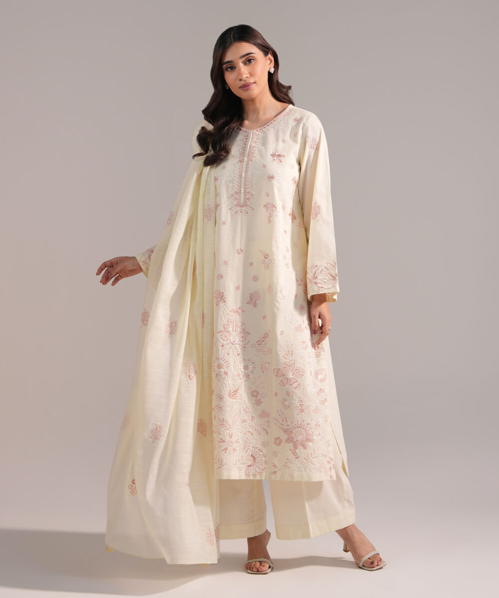 Women's RTW Cambric Embroidered Off White 3 Piece Suit