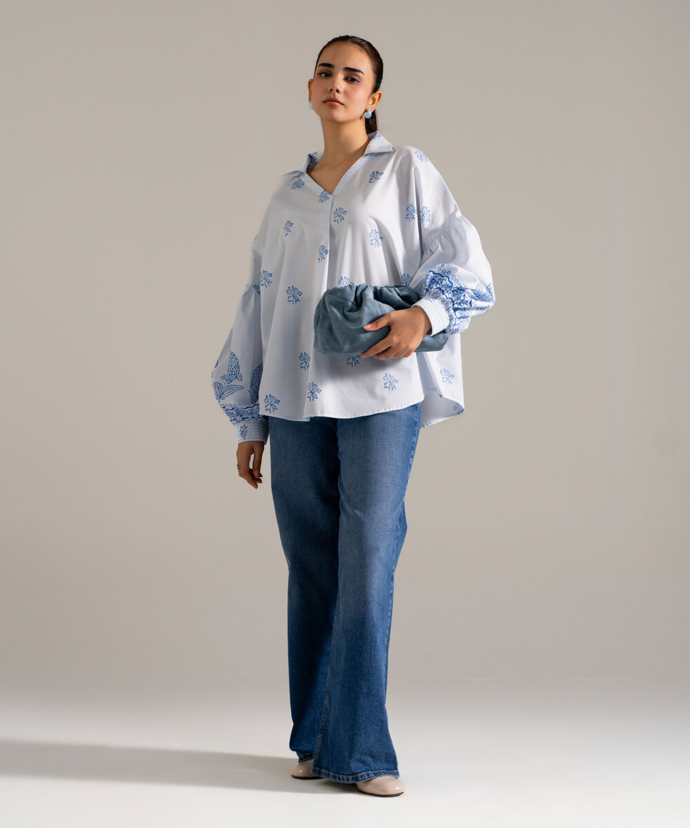 Women's RTW Lawn Printed Blue Drop Shoulder Shirt