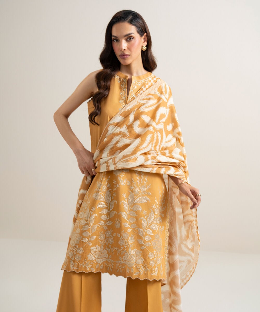 Women's Unstitched Lawn Embroidered Mustard Yellow  3 Piece Suit