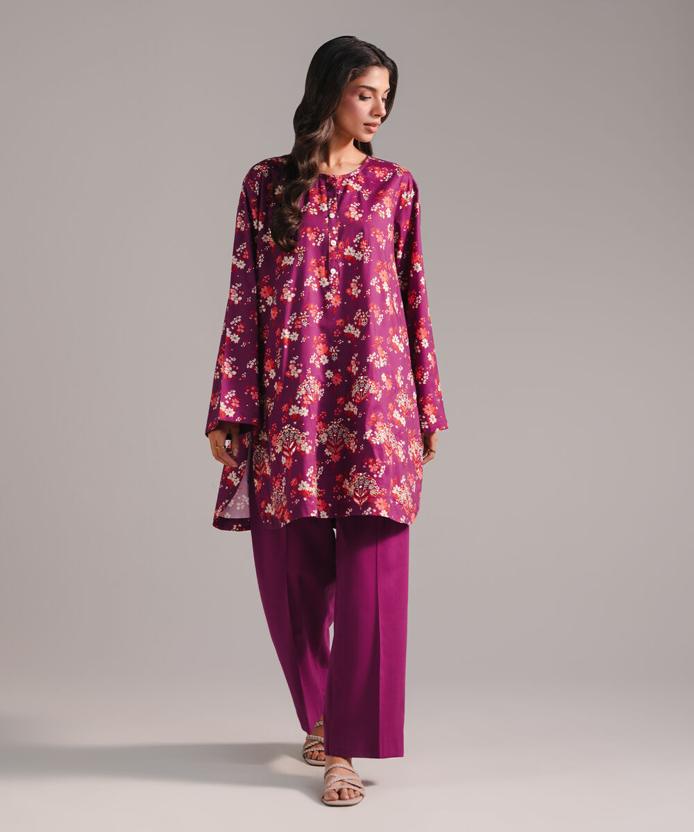 Women's RTW Cotton Viscose Printed Purple Straight Shirt