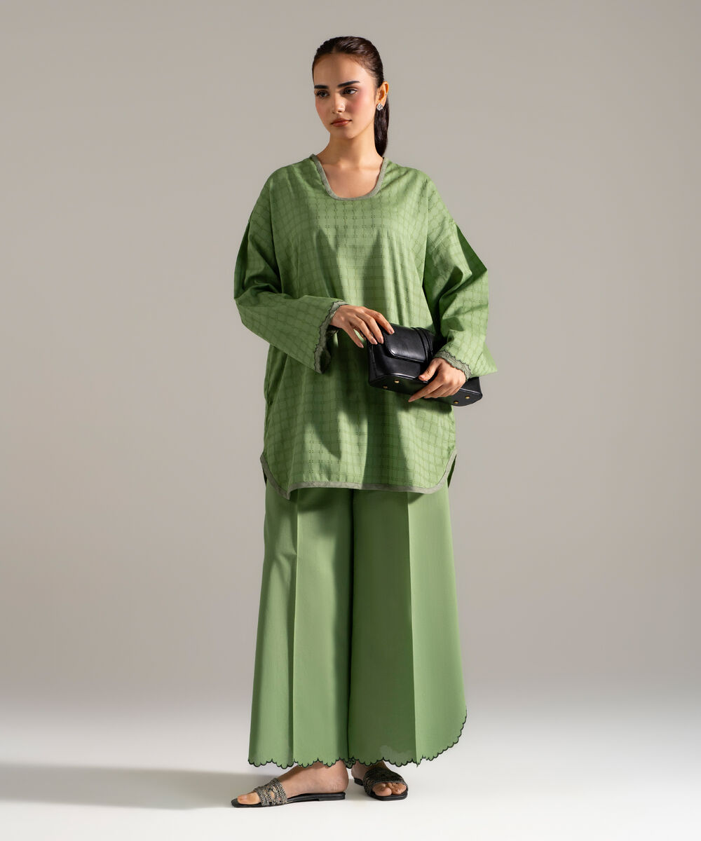 Women's RTW Dobby Printed Green Drop Shoulder Shirt