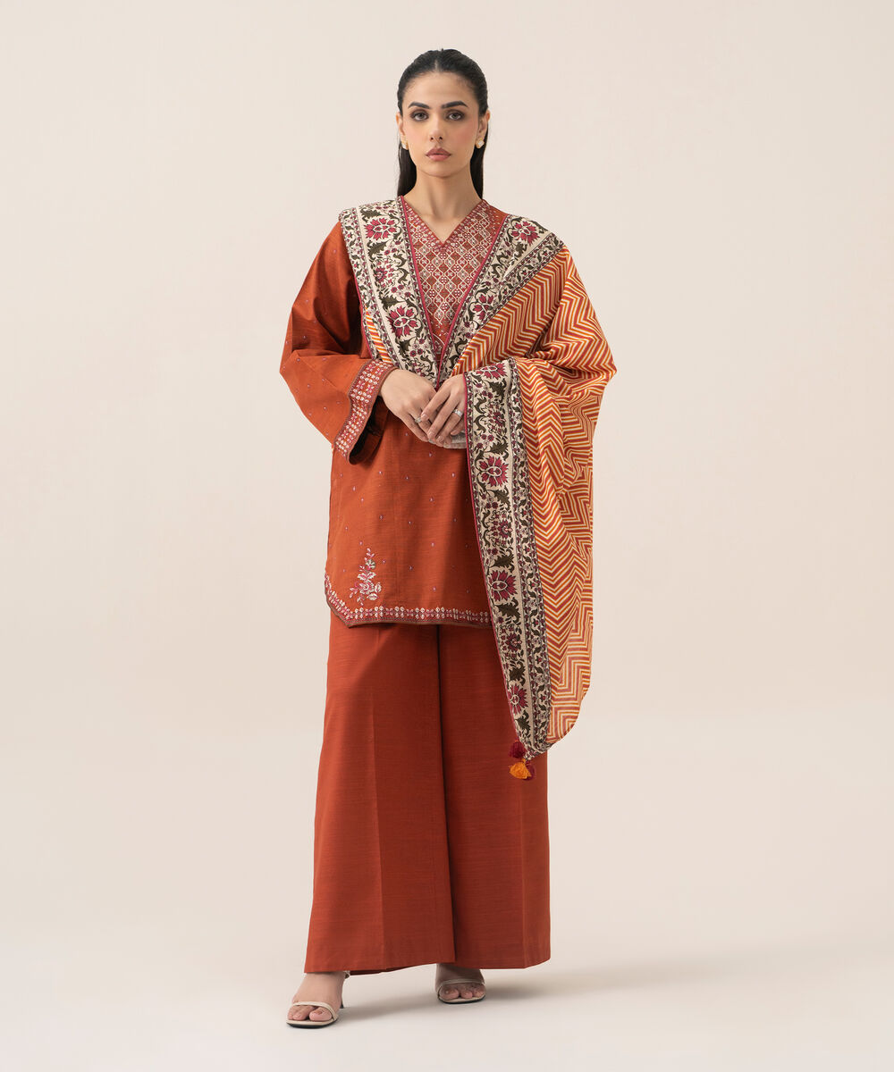 Women's Unstitched Cotton Embroidered Burnt Orange 3 Piece Suit
