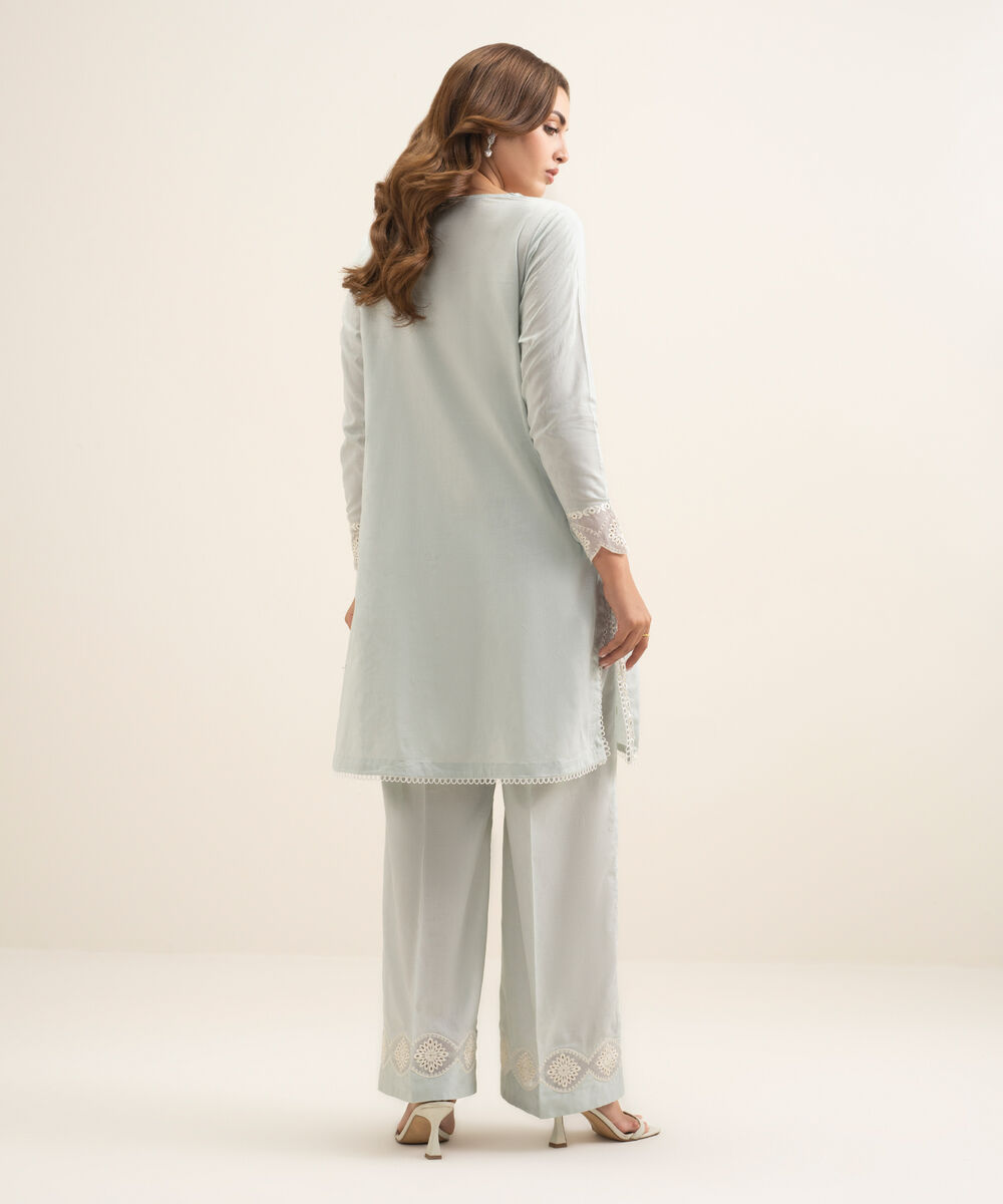 Women's RTW Self Jacquard Embroidered Green Straight Shirt