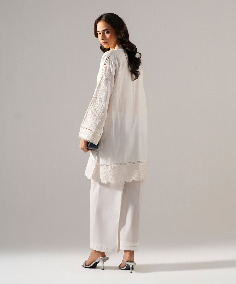 Women's RTW Self Jacquard Solid Embroidered Off White 2 Piece Suit