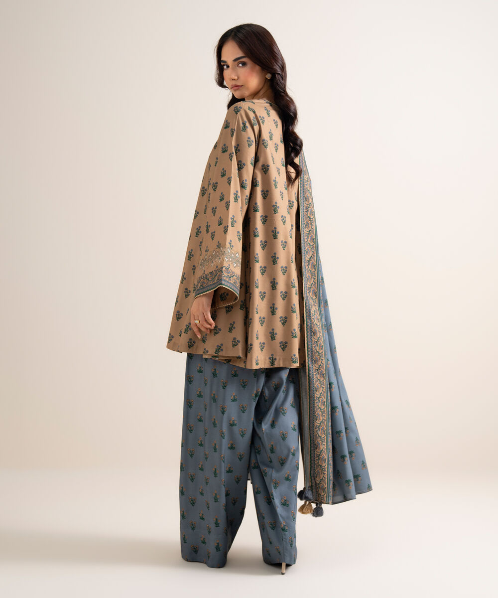 Women's Unstitched Embroidered Linen Beige 3 Piece Suit
