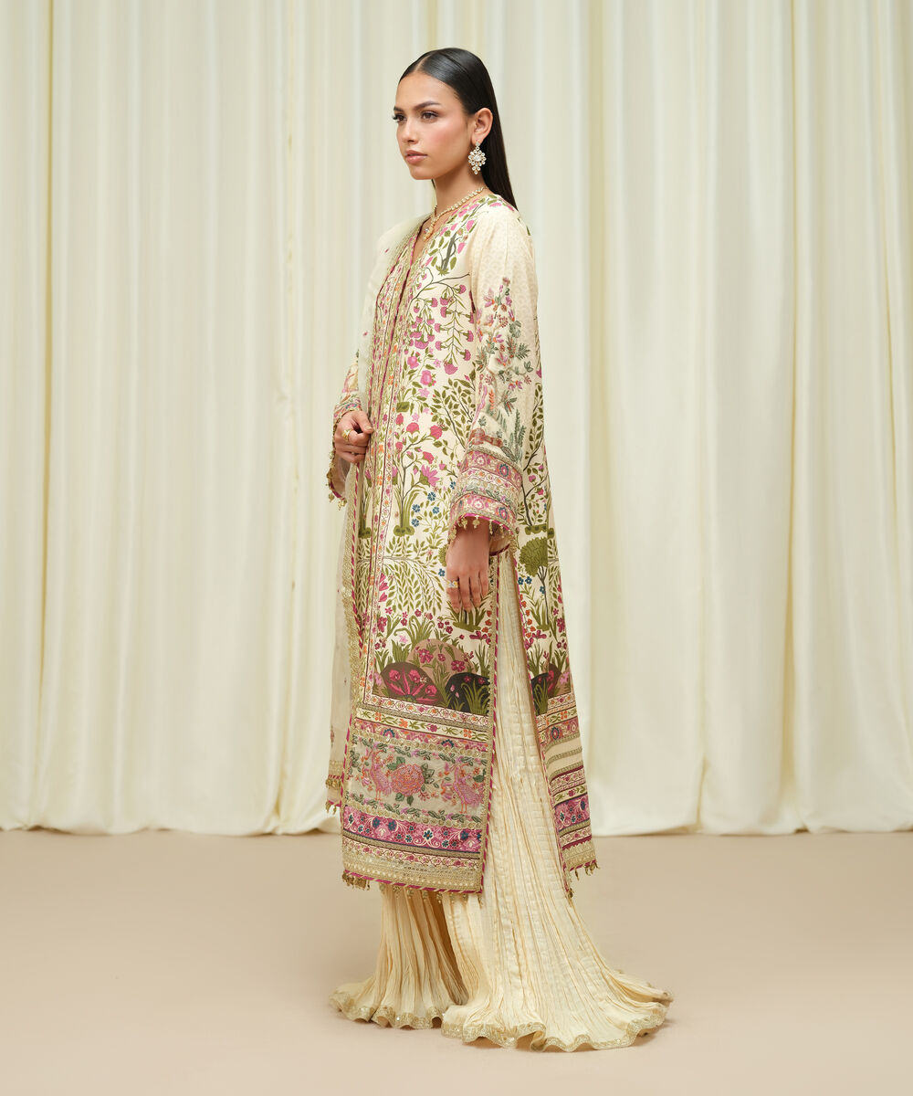 Women's Unstitched Raw Silk Embroidered Multi 3 Piece Suit
