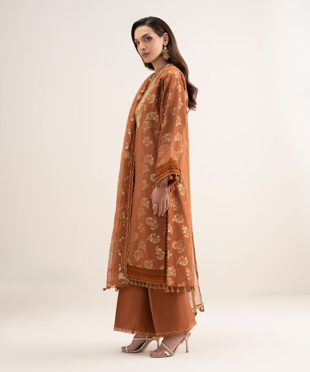 Women's Unstitched Extra Weft Jacquard Embroidered Orange 3 Piece Suit