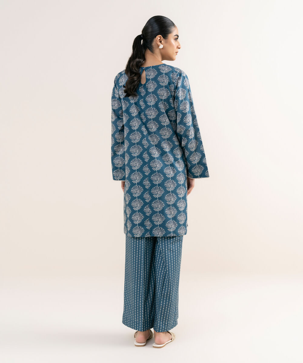Women's RTW Textured Lawn Blue Printed A-Line Shirt