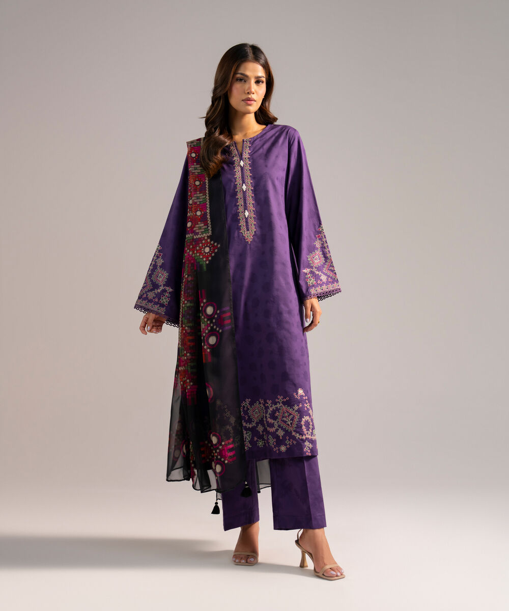 Women's RTW Self Jacquard Embroidered Purple 3 Piece Suit