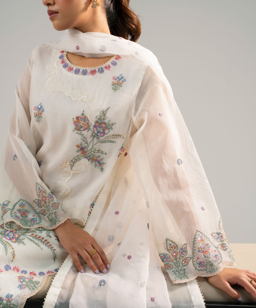 Women's RTW Khaddi Net Embroidered Off White 3 Piece Suit