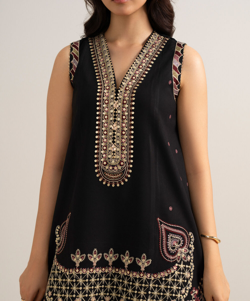 Women's Unstitched Embroidered Linen Black 3 Piece Suit