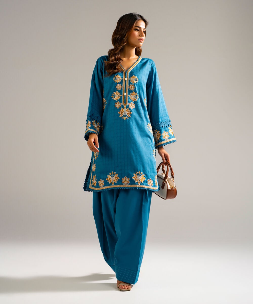 Women's RTW Dobby Embroidered Blue 2 Piece Suit