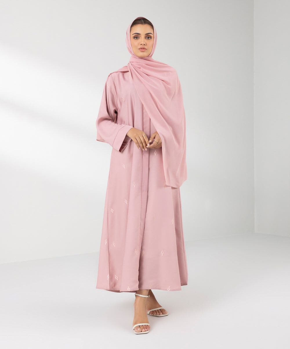 Woman - Pink Embroidered Button Through Abaya Set