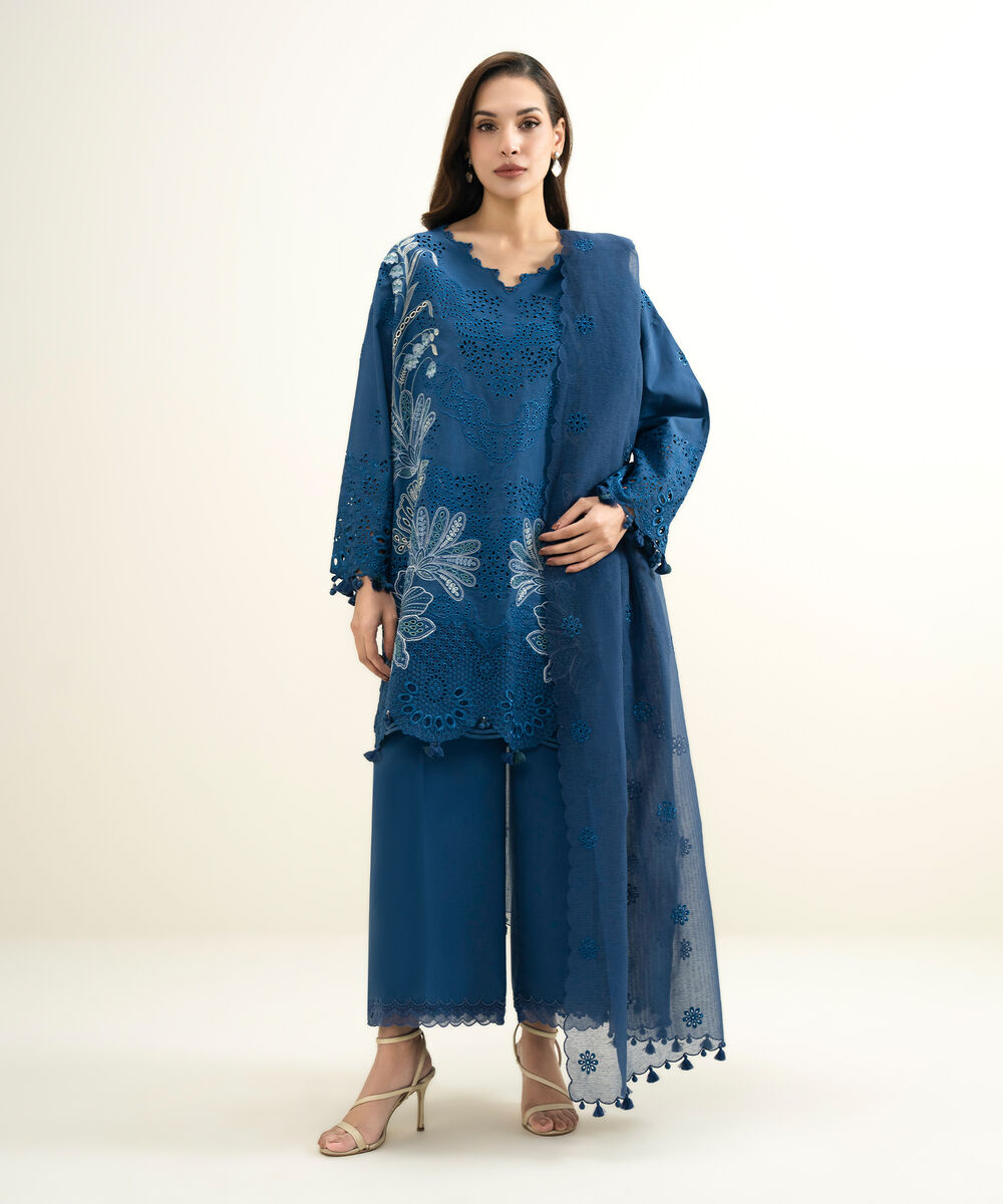 Women's Unstitched Lawn Embroidered Blue 3 Piece Suit