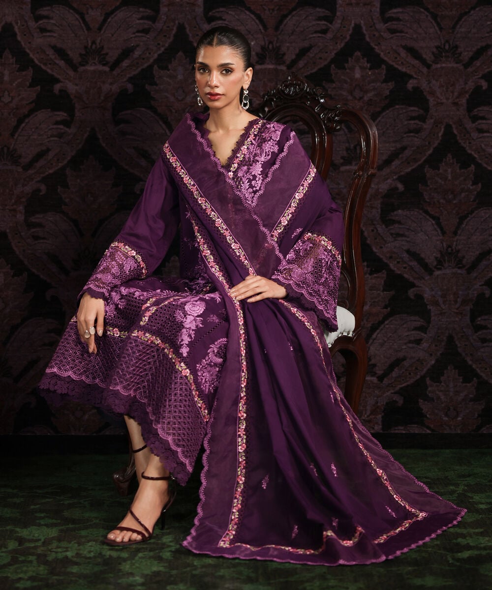 Women's RTW Self Jacquard Solid Embroidered Purple 3 Piece Suit