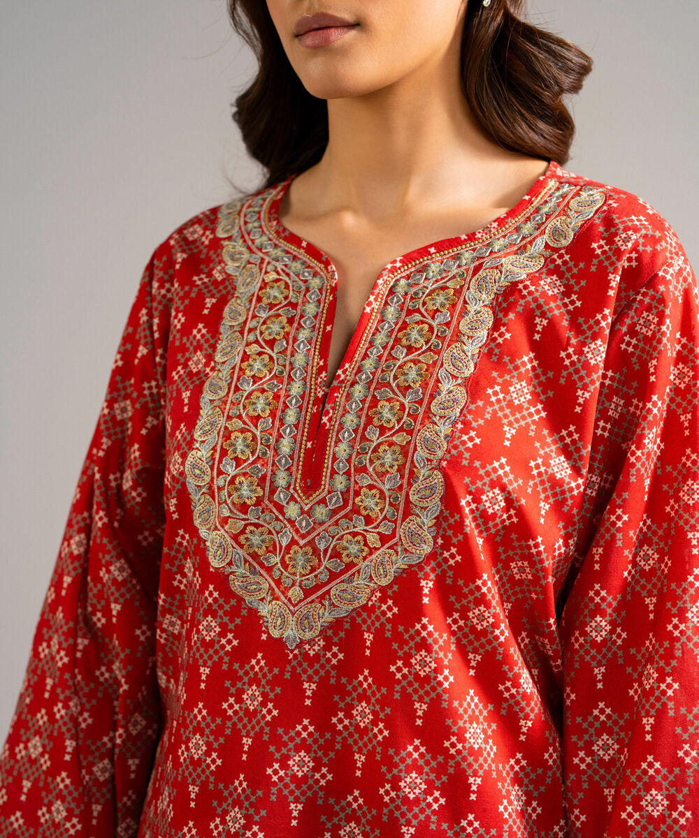 Women's RTW Self Jacquard Embroidered Red 3 Piece Suit