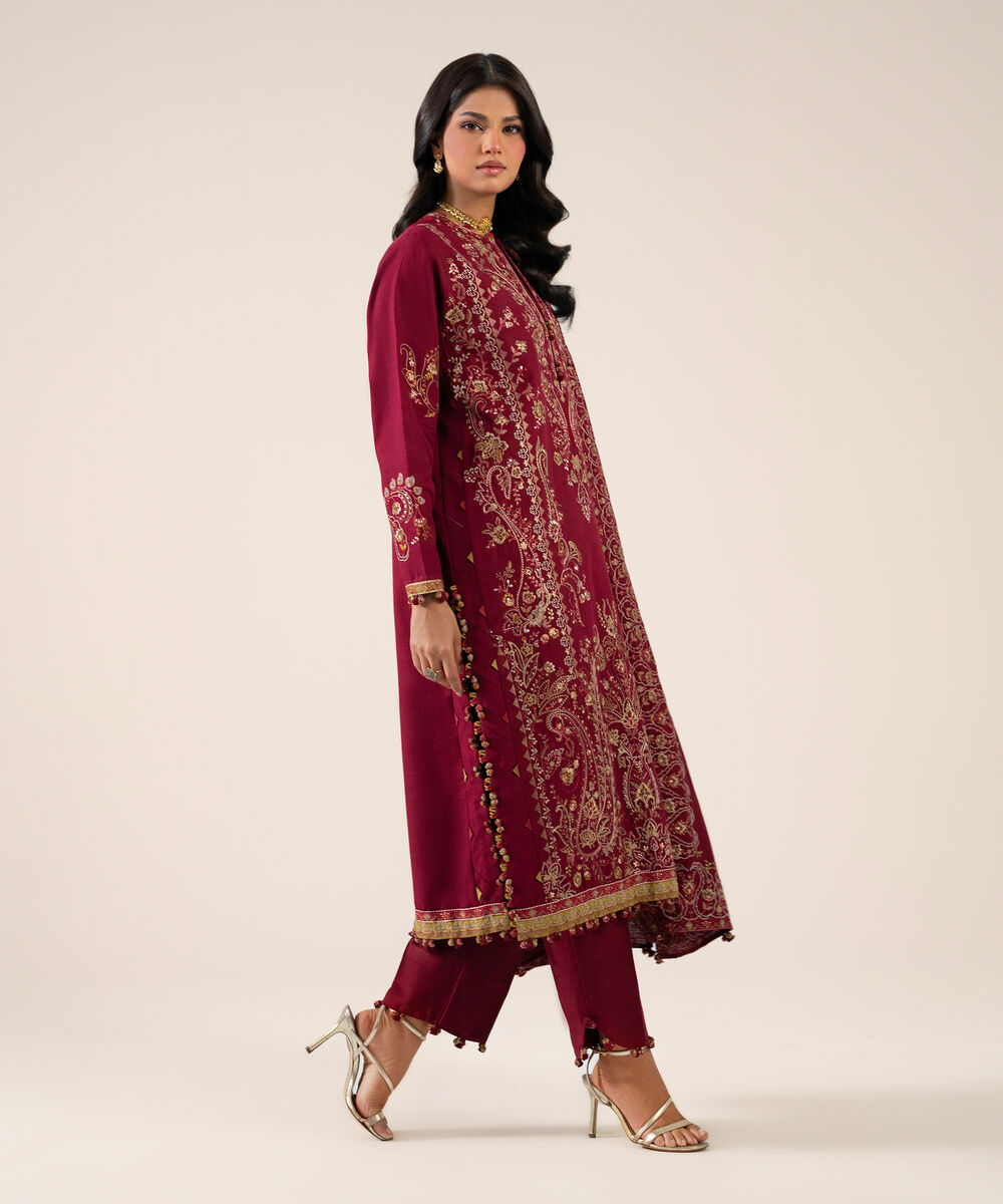 Women's Unstitched Basic Khaddar Embroidered Maroon 3 Piece Suit