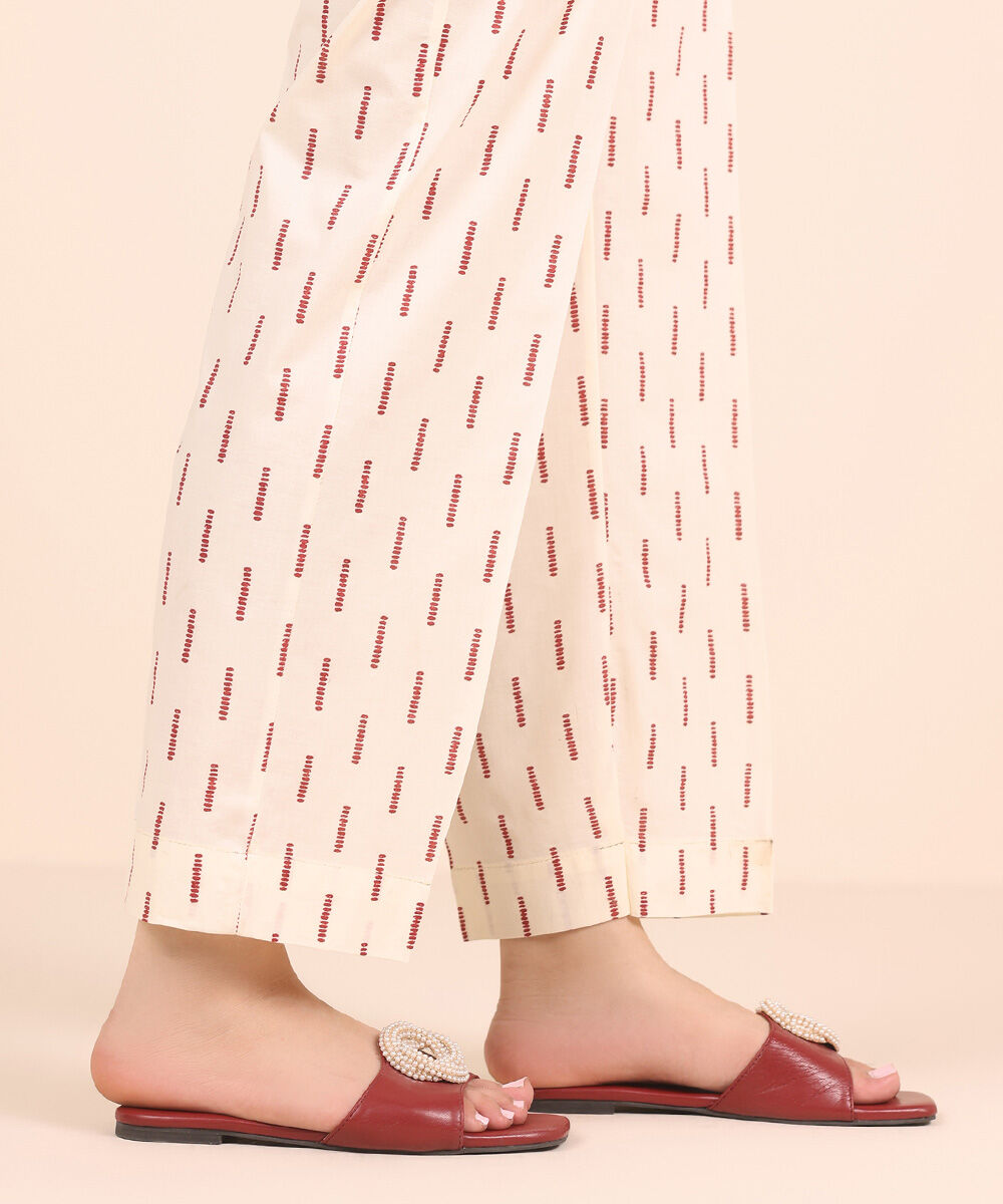 Women's RTW Cambric Off White Printed Straight Pants