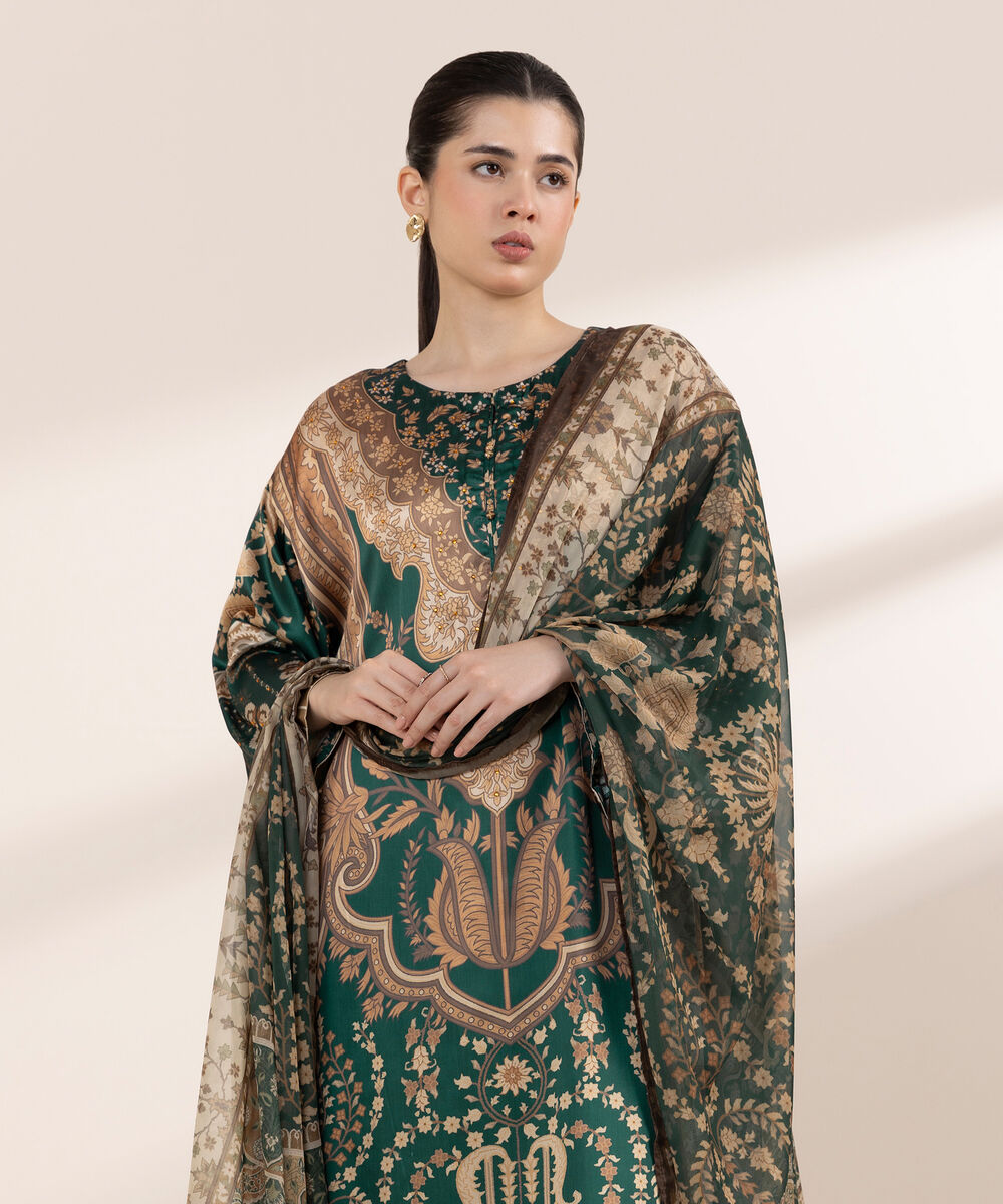 Women's RTW Blended Grip Green Printed Three Piece Suit