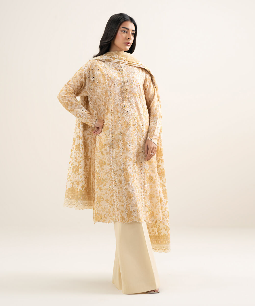 Women's Unstitched Lawn Embroidered Off White 3 Piece Suit