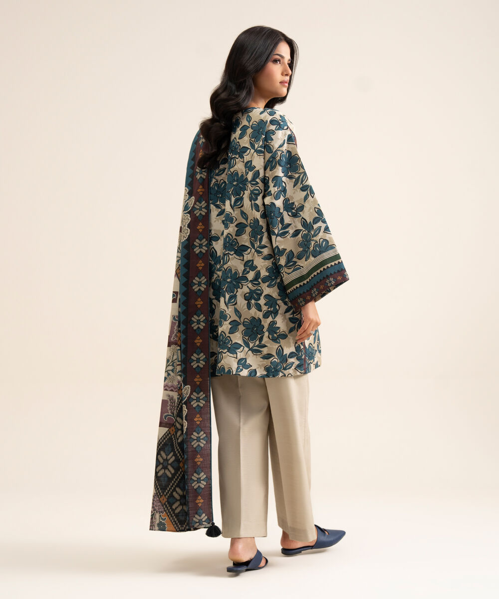 Women's Unstitched Light Khaddar Printed Blue & Off White 3 Piece Suit