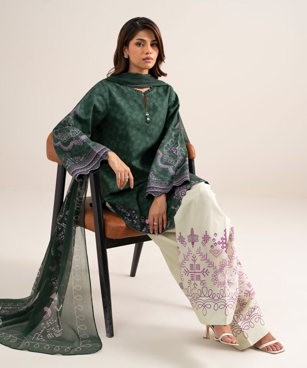Women's Unstitched Cotton Printed Green  3 Piece Suit