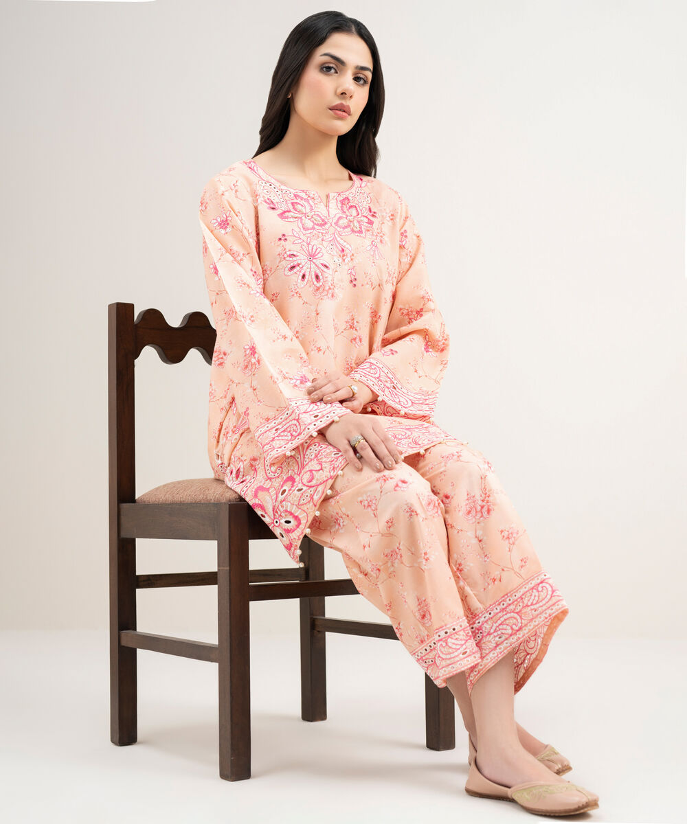Women's RTW Zari Cotton Embroidered Pink Straight Shirt
