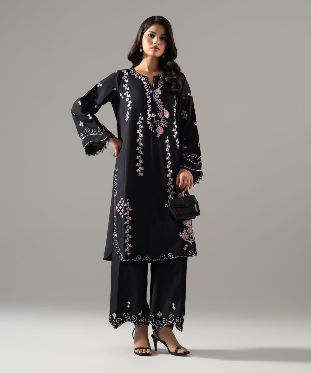 Women's RTW Viscose Raw Silk Solid Embroidered Black 2 Piece Suit