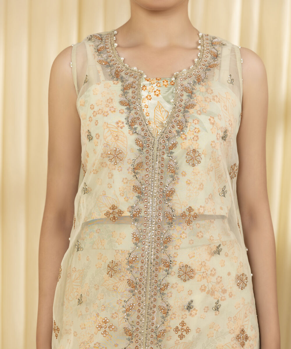 Unstitched Women's Beige Blended Organza 3 Piece Suit