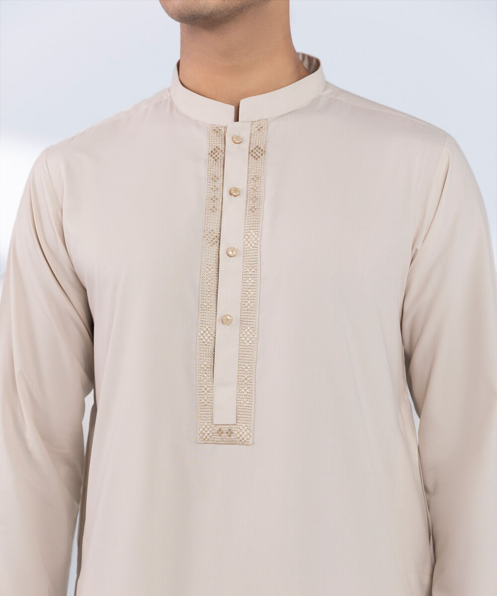 Men's Stitched Embroidered Beige 2 PC Suit