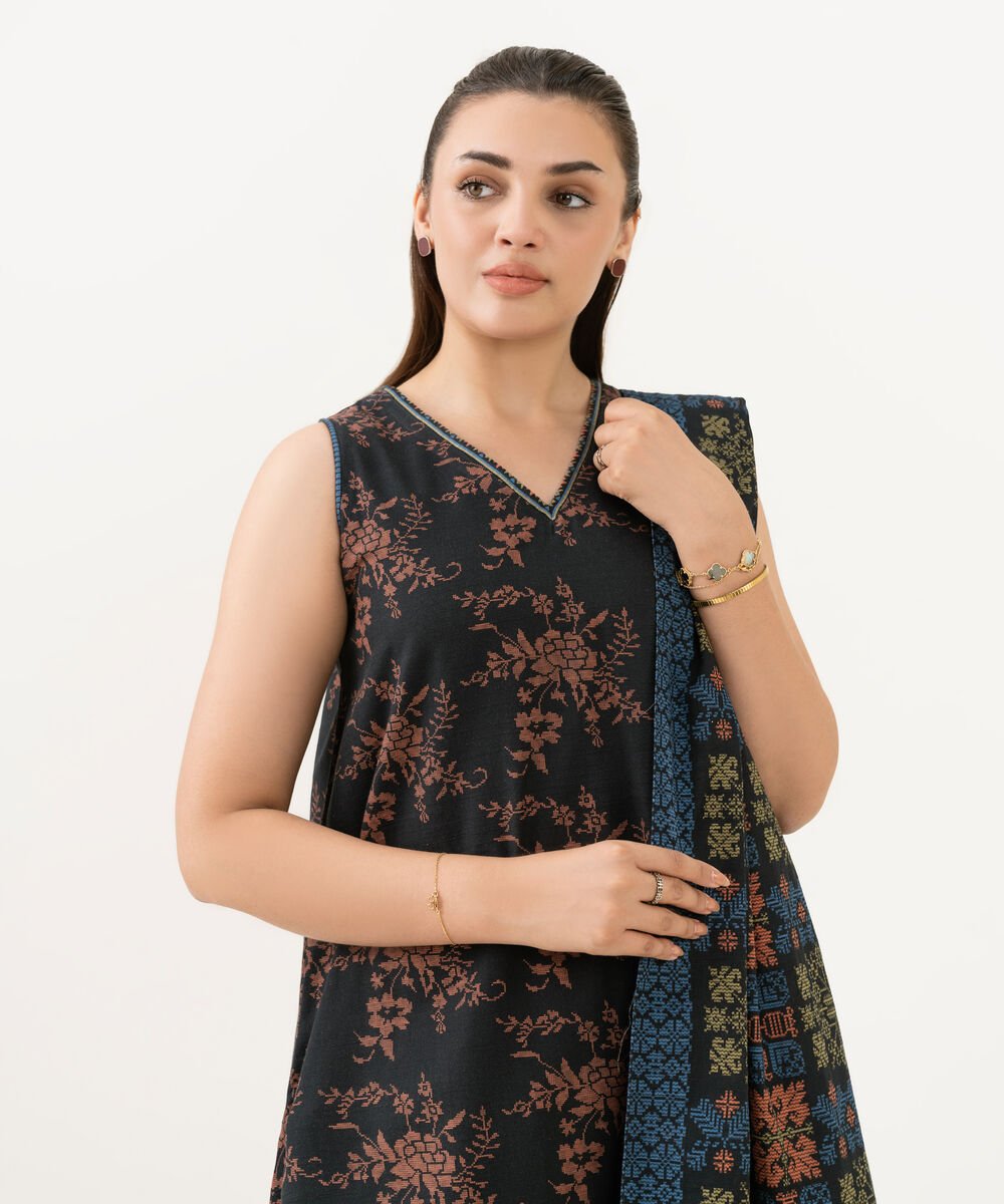 Women's Unstitched Khaddar Printed Black 3 Piece Suit