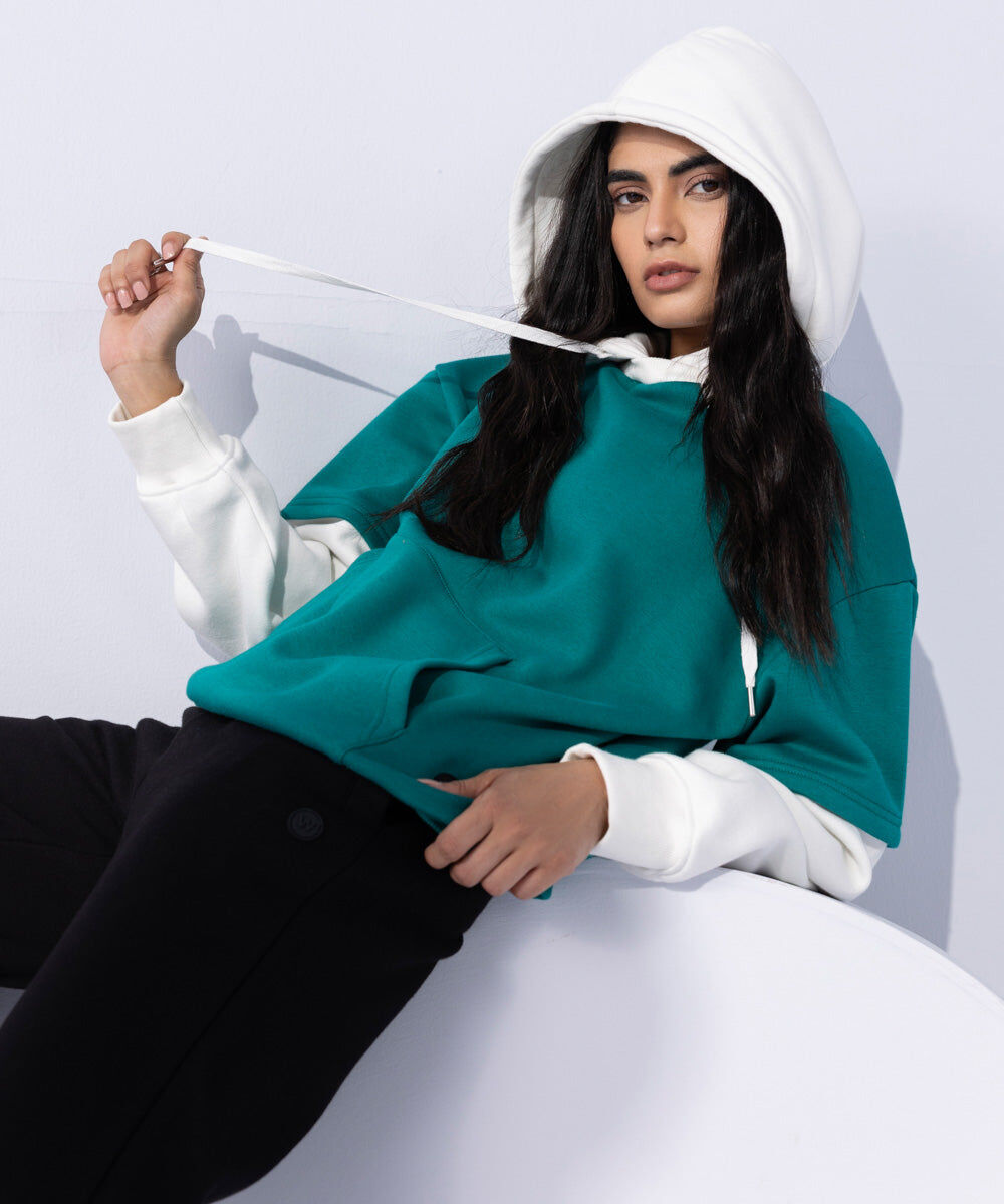 Woman - Green Fleece Color Blocked Hoodie