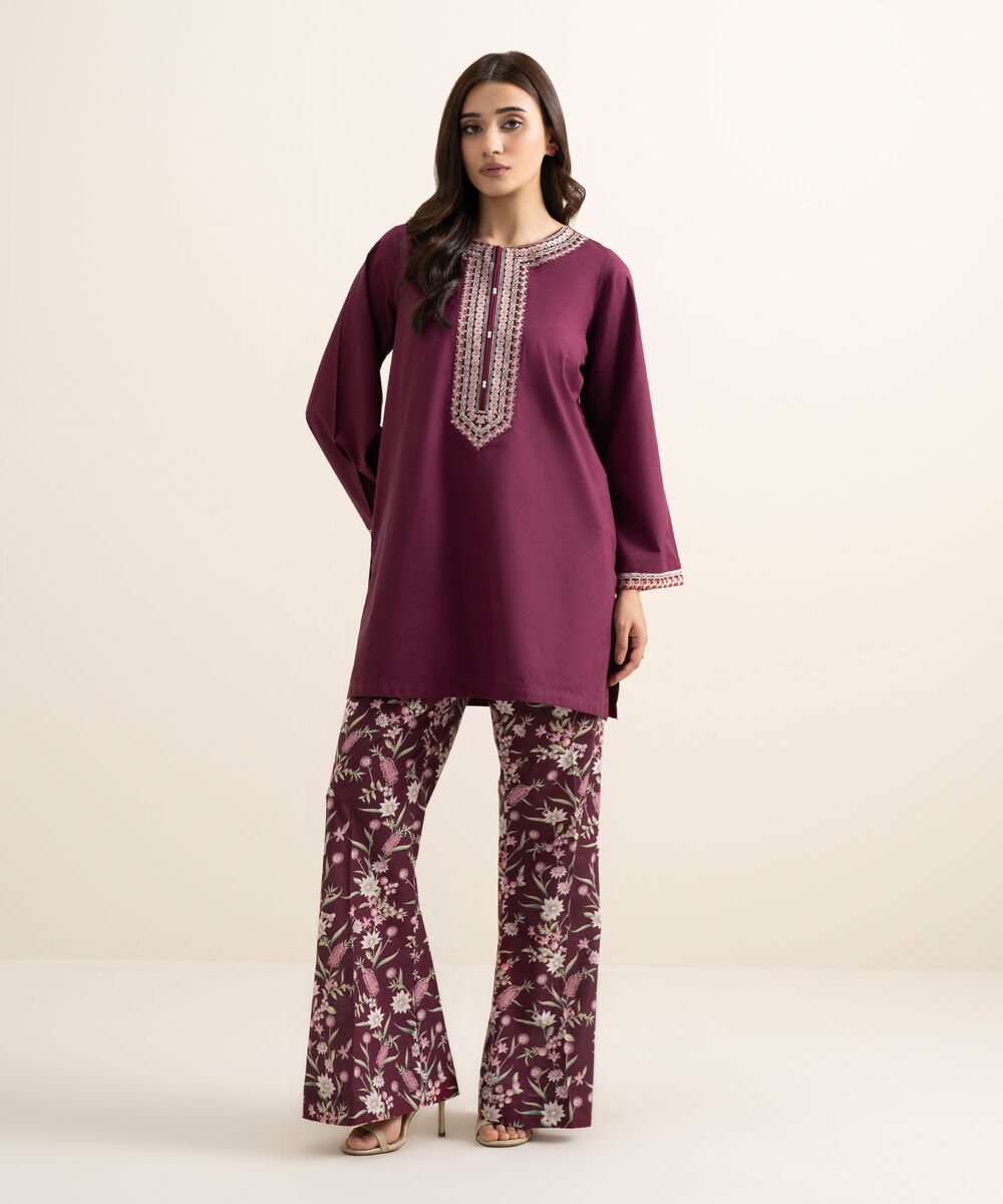 Women's RTW Cambric Embroidered Purple Straight Shirt