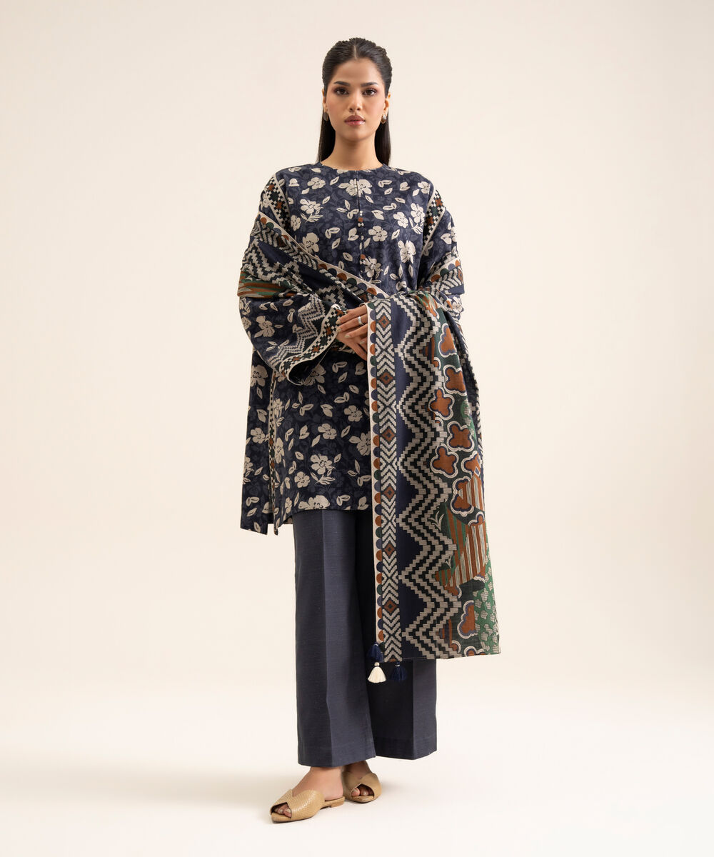 Women's Unstitched Light Khaddar Printed Grey 3 Piece Suit